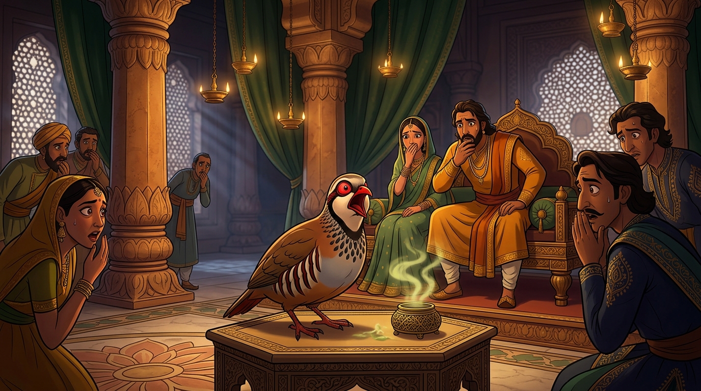 A royal Chakora partridge shrieks with blood-red dilated pupils upon sensing aconite vapor