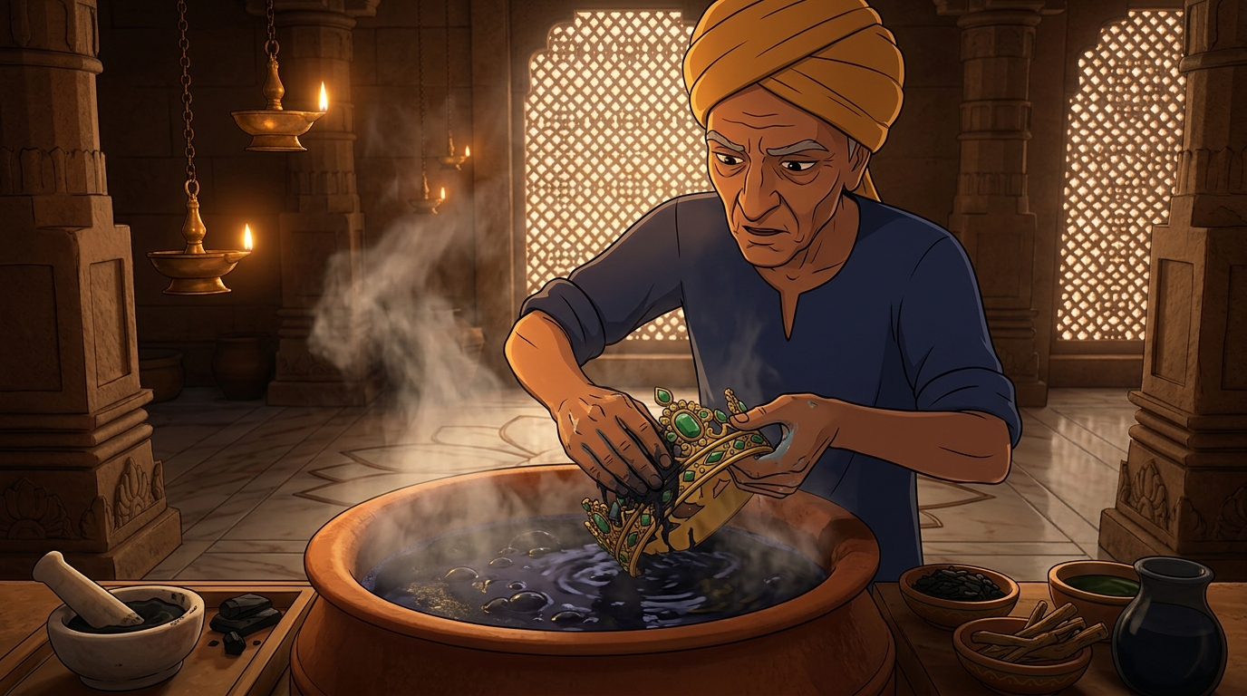 Charakadasa washes crown in herbal bath of peacock bile, sweet calamus, and activated charcoal