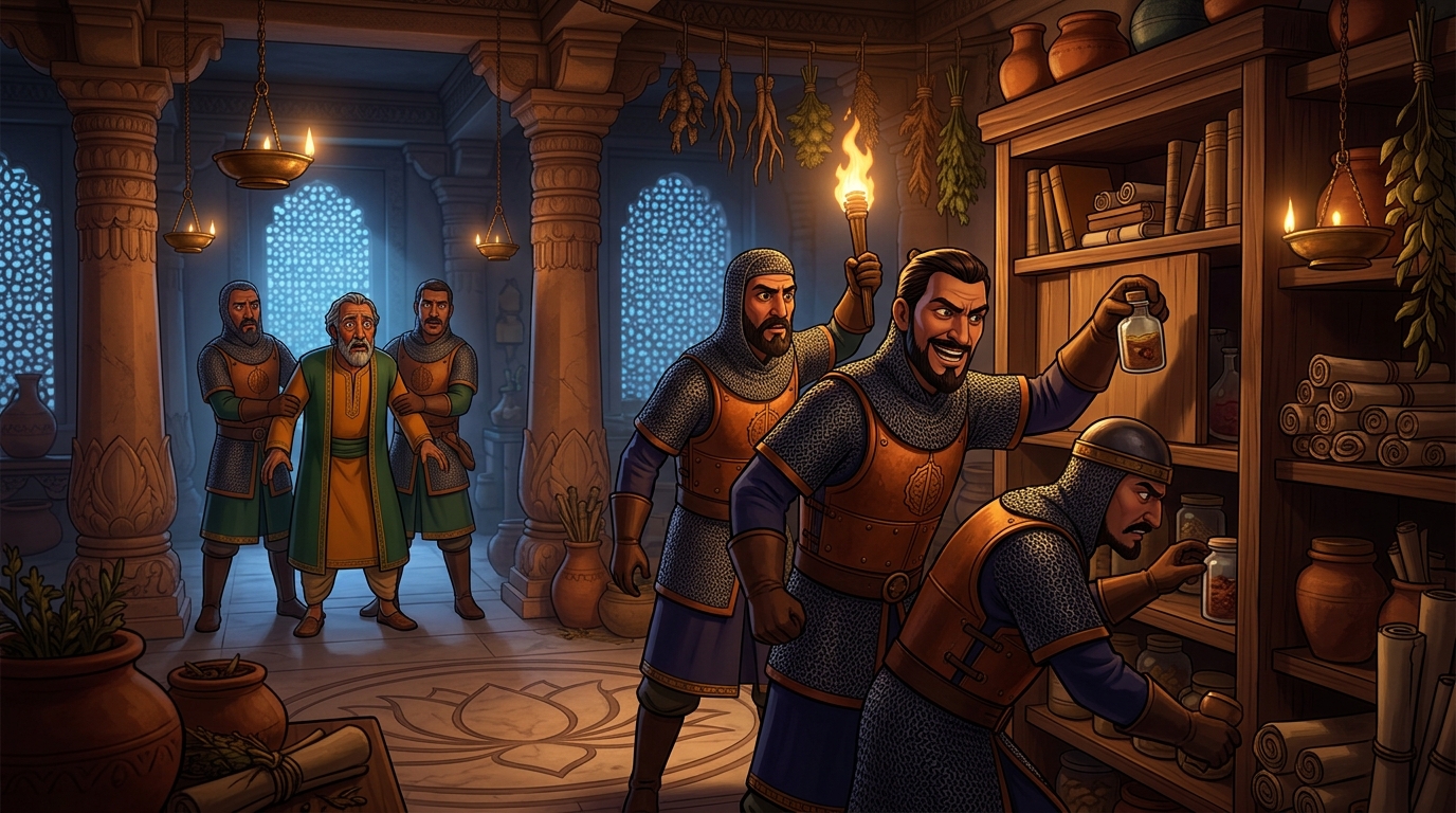 Guards raid Garaladatta's clinic, finding exact glass vial of crushed aconite and leech oil