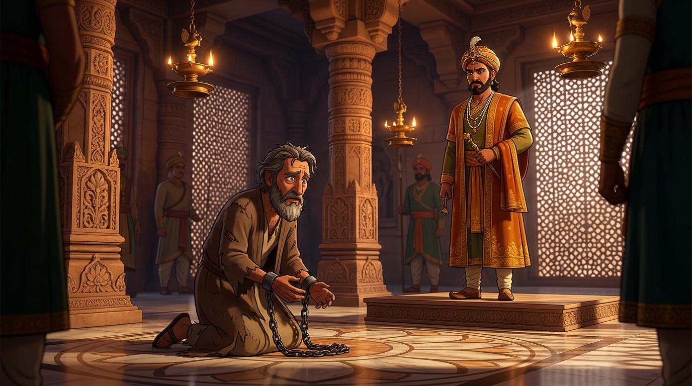 Traitor doctor Garaladatta falls in chains as Emperor Vikramasena looks upon him with majesty