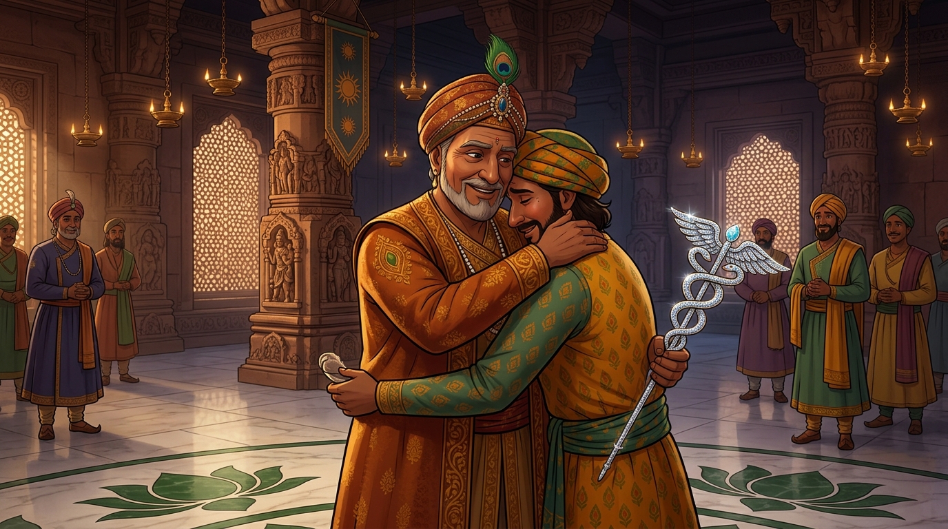 Emperor Vikramasena embraces Charakadasa, awarding him Diamond Caduceus of Dhanvantari