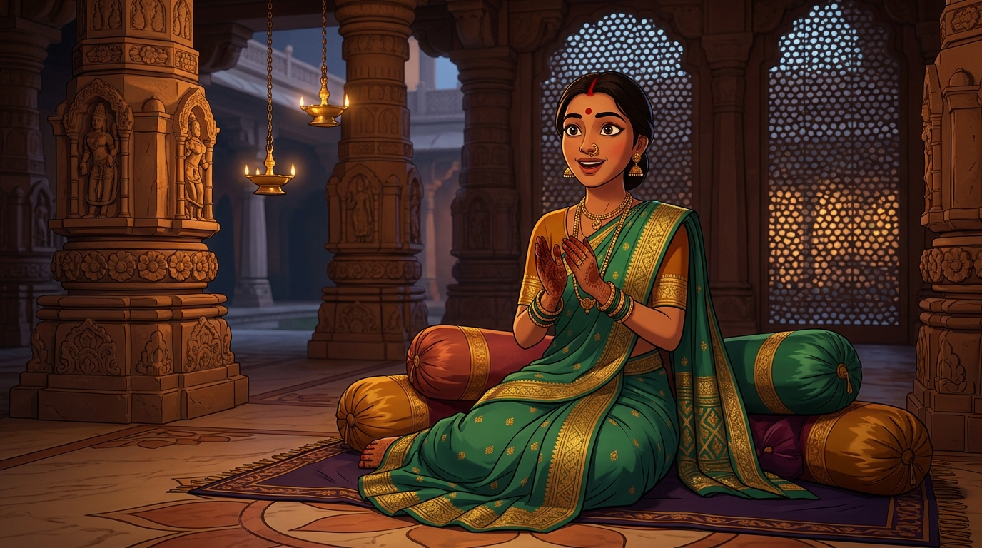 Prabhavati sitting on the bolsters, clapping in wonder at the lesson of diagnostic wisdom