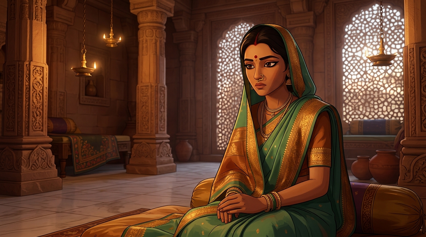 Prabhavati in deep contemplation, realizing wisdom unmasks all hidden poisons of deceit