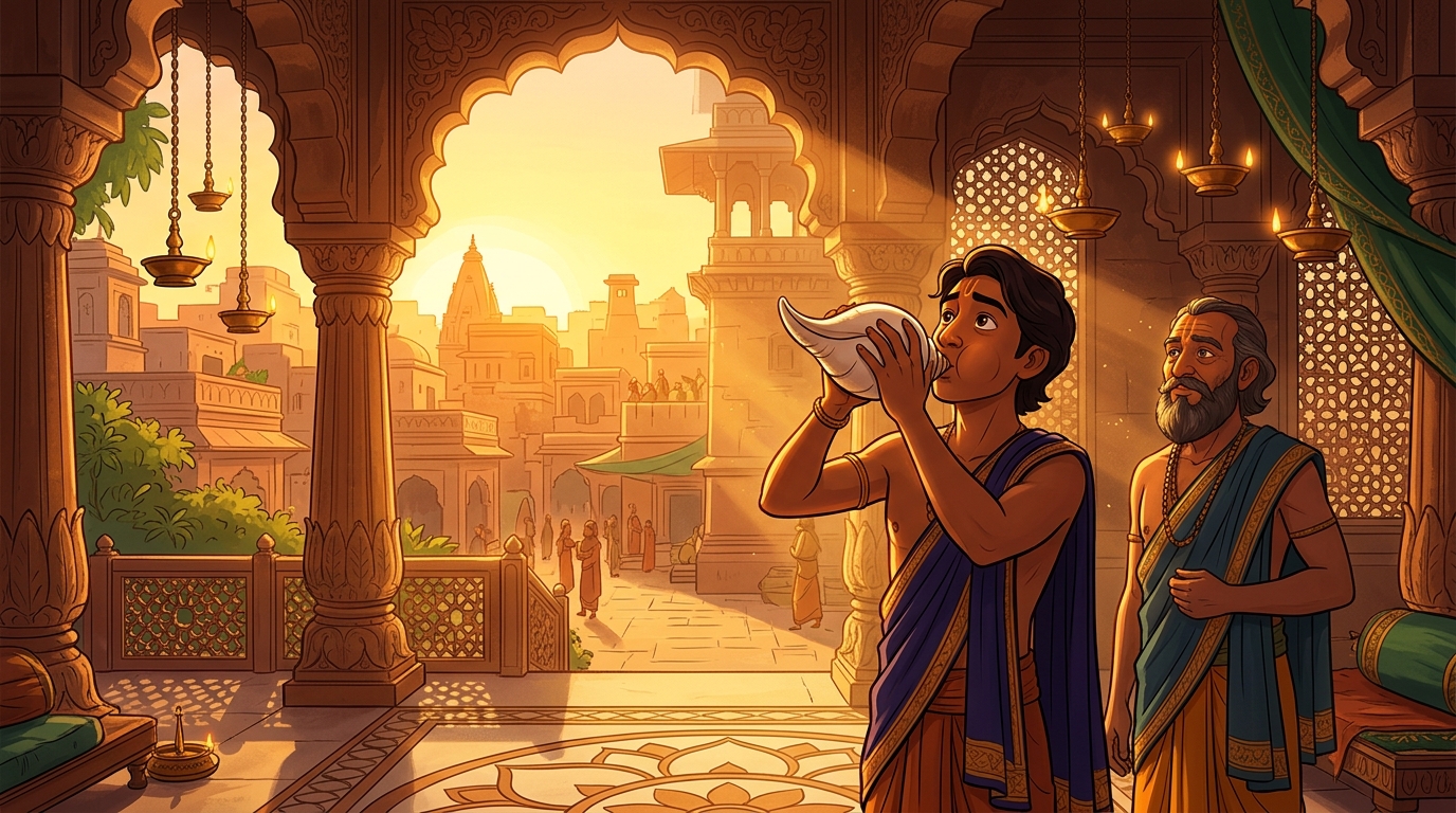 Golden dawn sunlight flooding across the sandstone arches as temple conches sound