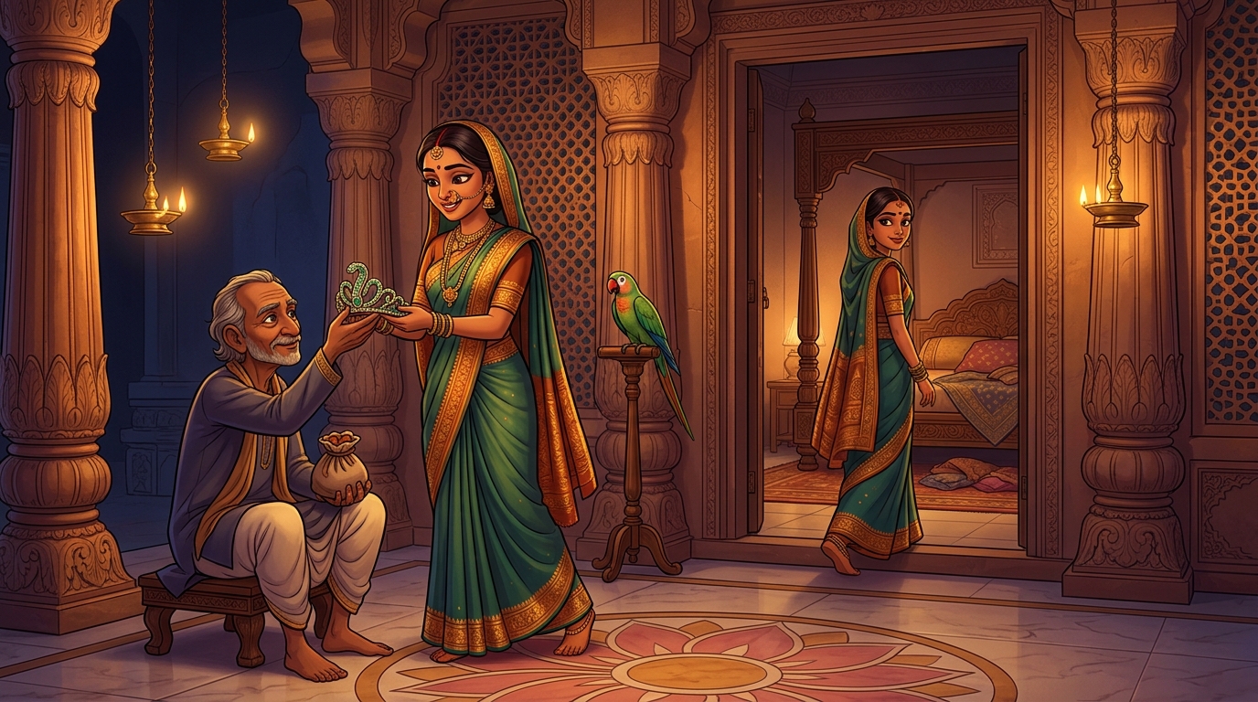 Prabhavati unclasps the jade serpent tiara, hands Shuka sweet almonds, retreats peacefully
