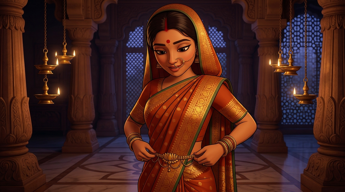 Prabhavati in terracotta-and-gold silk fastening the lotus girdle by candlelight