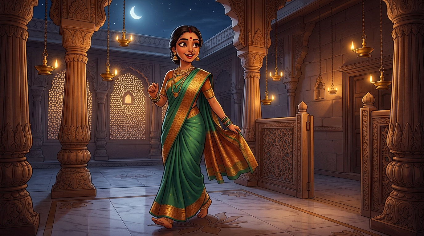 Prabhavati stepping toward the courtyard gate with swift, eager steps under the moonlit sky