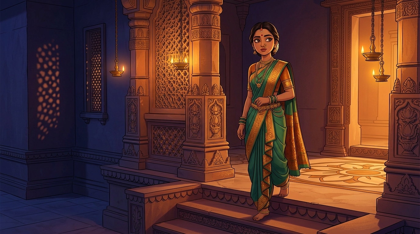 Prabhavati pausing on the doorstep with an amused smile