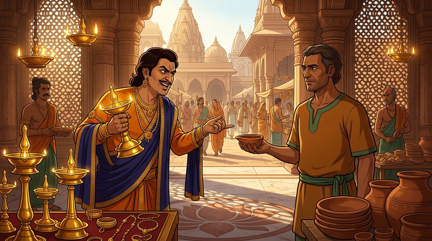 In Kashi, royal goldsmith Swarnadasa displays gold lamps, mocking potter Prajapati that clay is cheap dirt