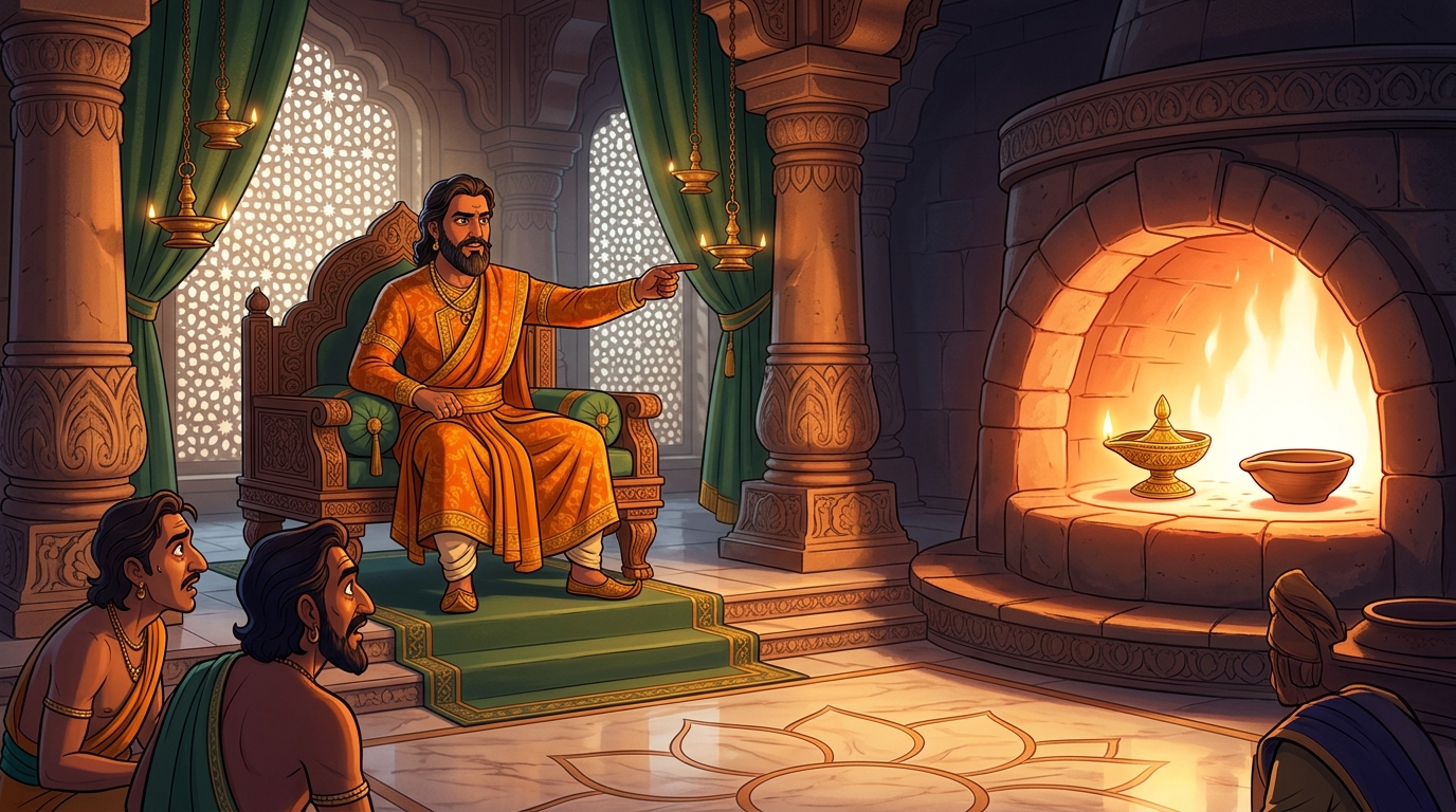 King Someshwara announces royal trial: place gold lamp and clay lamp in 1,100-degree kiln for 3 hours