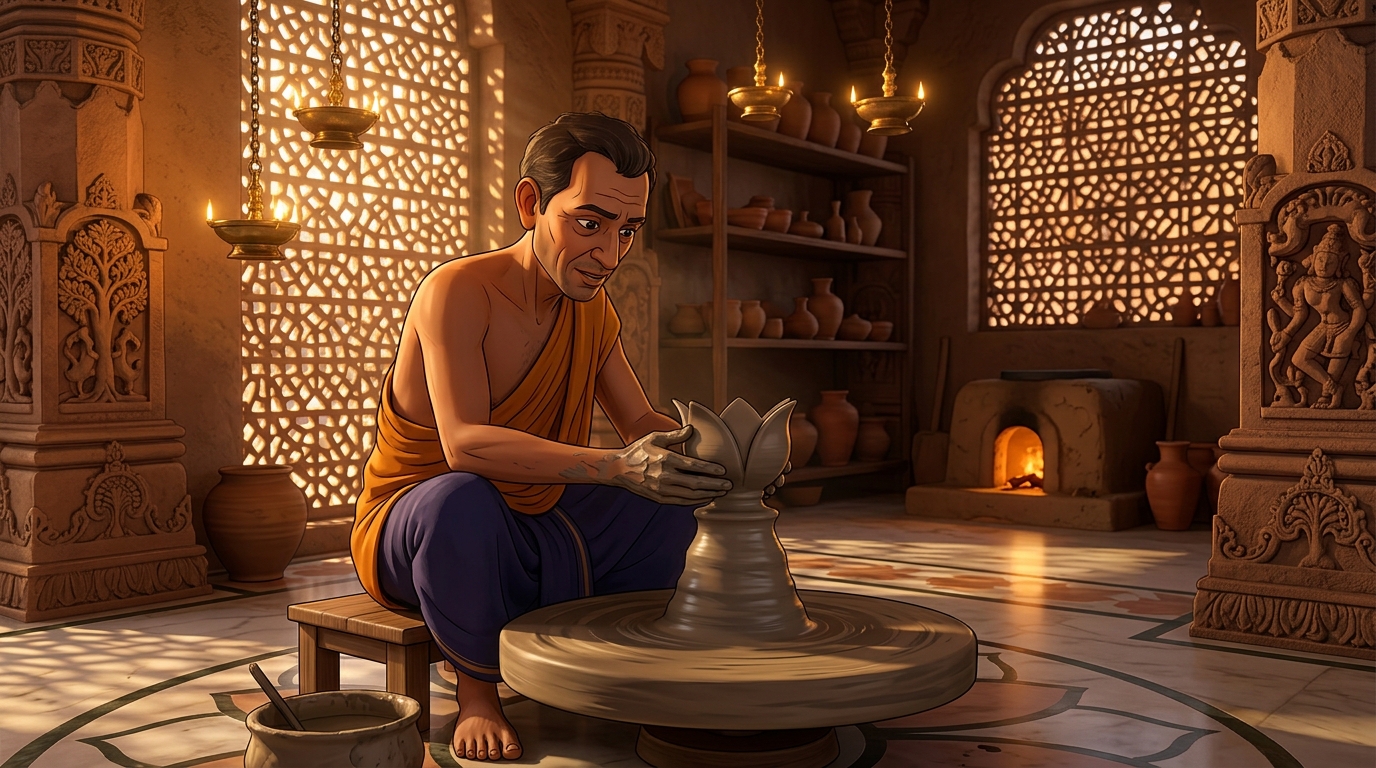 Potter Prajapati molding pure river silt mixed with quartz sand on his wheel, shaping a lotus lamp