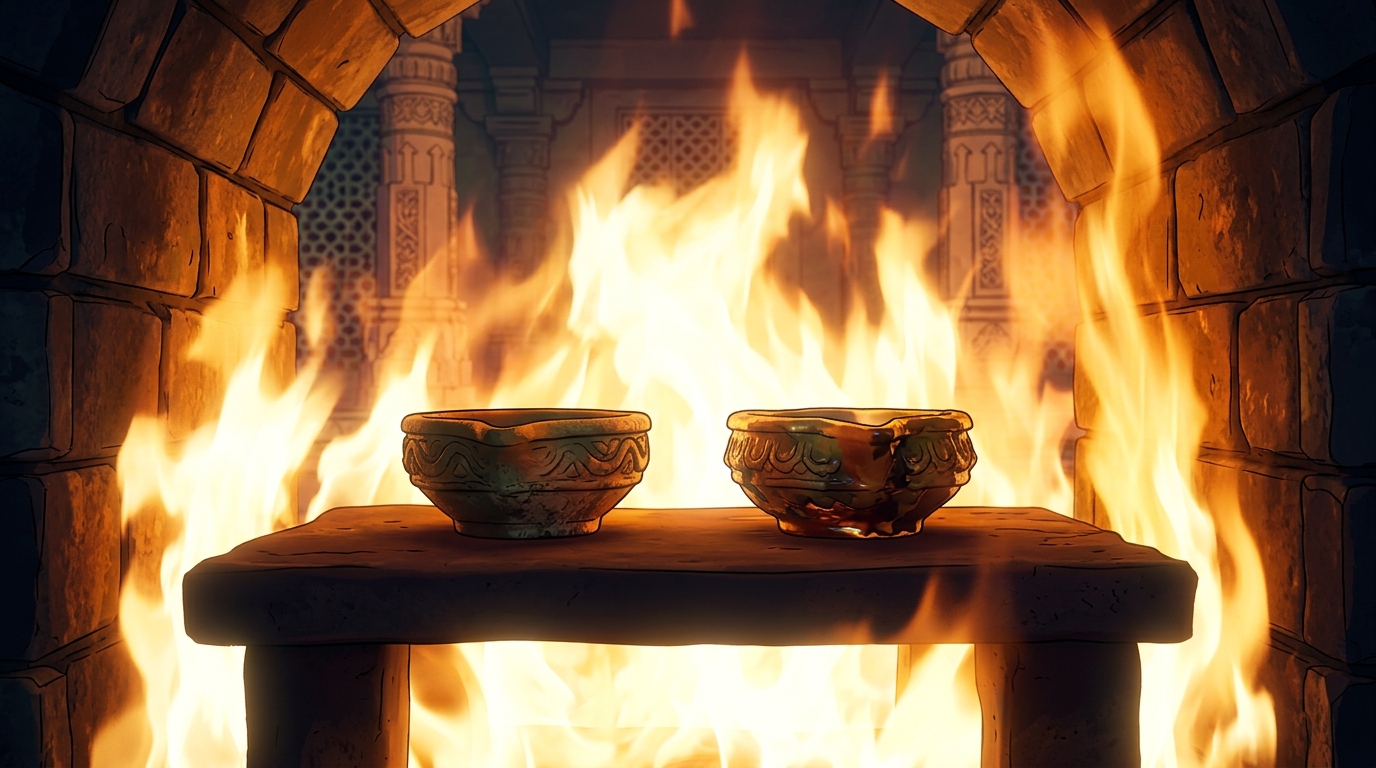 Both lamps placed side-by-side inside white-hot ceramic kiln; flames roar at blinding heat