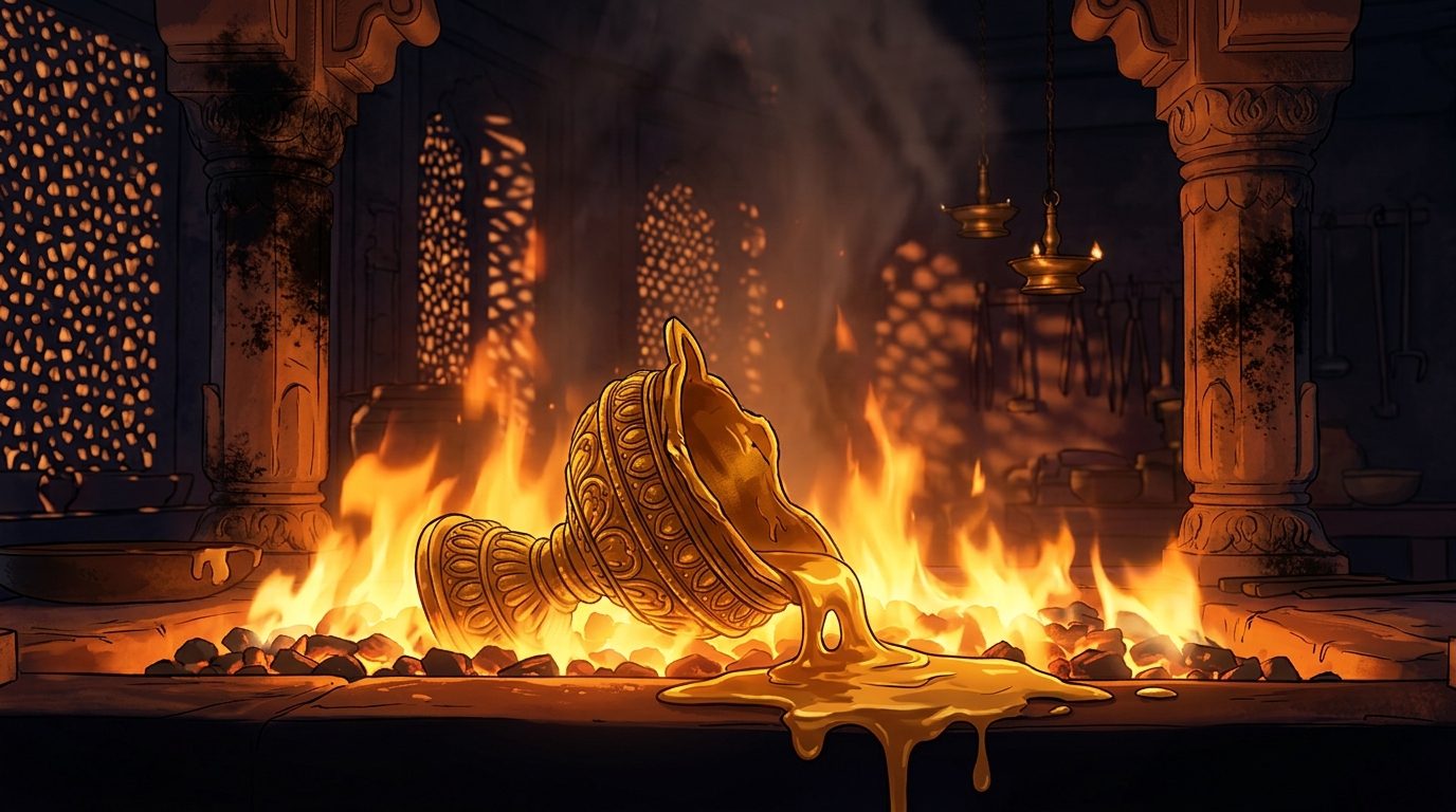 Inside intense fire, heavy gold lamp softens, warps, and melts into a shapeless puddle