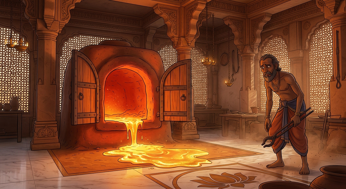 After 3 hours, kiln opens: golden lamp is formless pool of molten liquid
