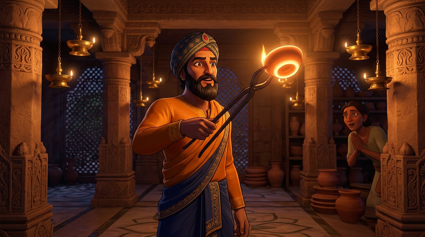 King Someshwara lifts glowing terracotta lamp with tongs: it emerges perfectly shaped
