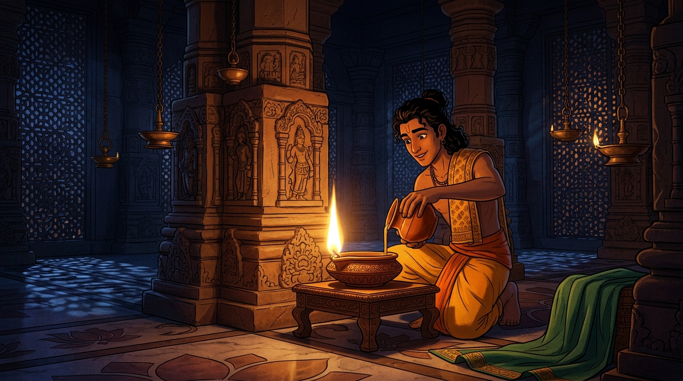 Prajapati pours oil into cooled lamp and lights wick: bright golden flame shines clear
