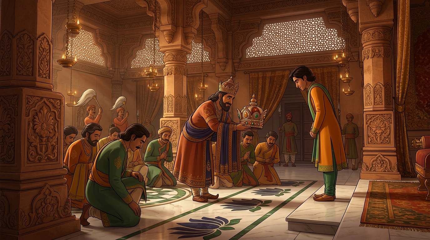King Someshwara and court bow before Prajapati, crowning him Grand Master of Ceramic Arts