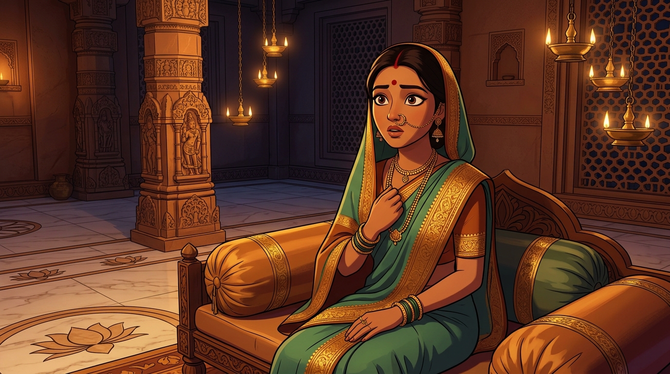 Prabhavati sitting on the bolsters, clapping in wonder at the indestructible lamp of fidelity