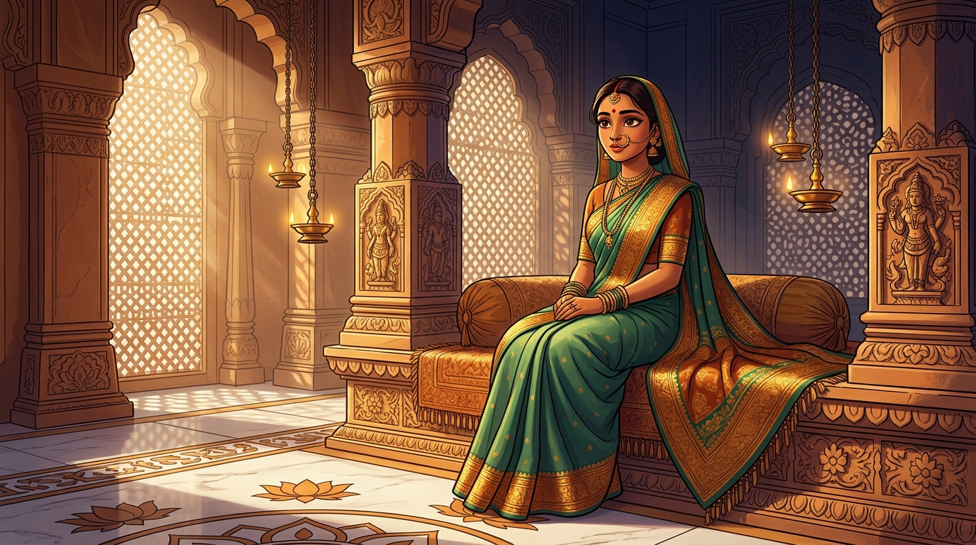 Prabhavati in serene contemplation, realizing humble fidelity is her eternal light