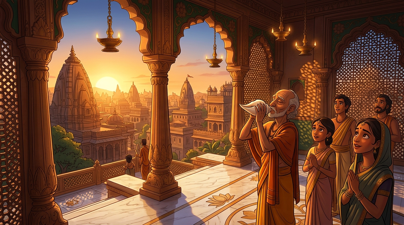 Golden dawn sunlight flooding across the Chandravati skyline as temple conches sound