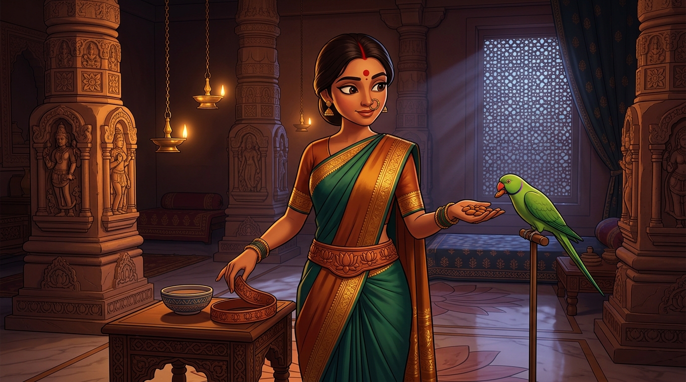 Prabhavati unclasps terracotta lotus girdle, gives Shuka sweet almonds, retreats peacefully