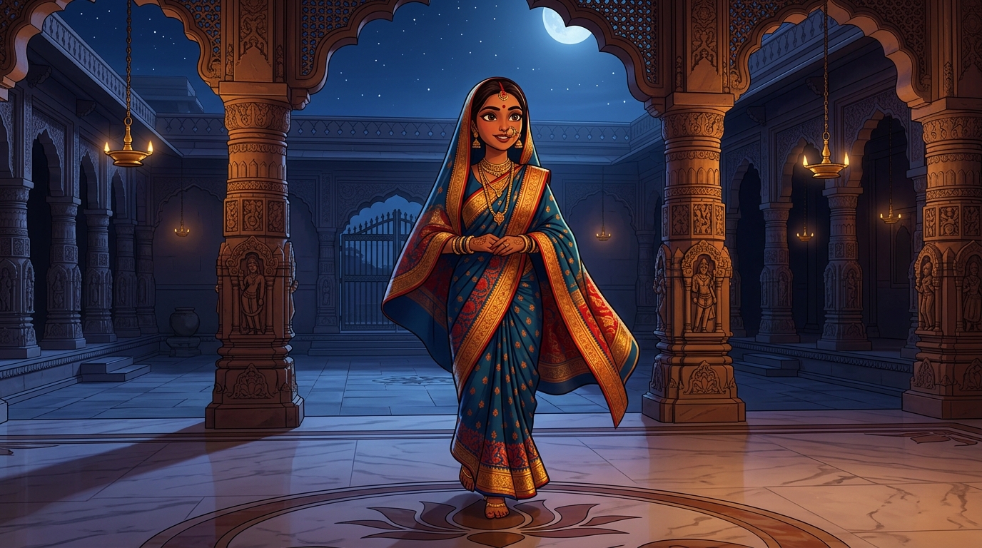 Prabhavati walking toward the courtyard gate with swift, confident steps under the moonlit sky
