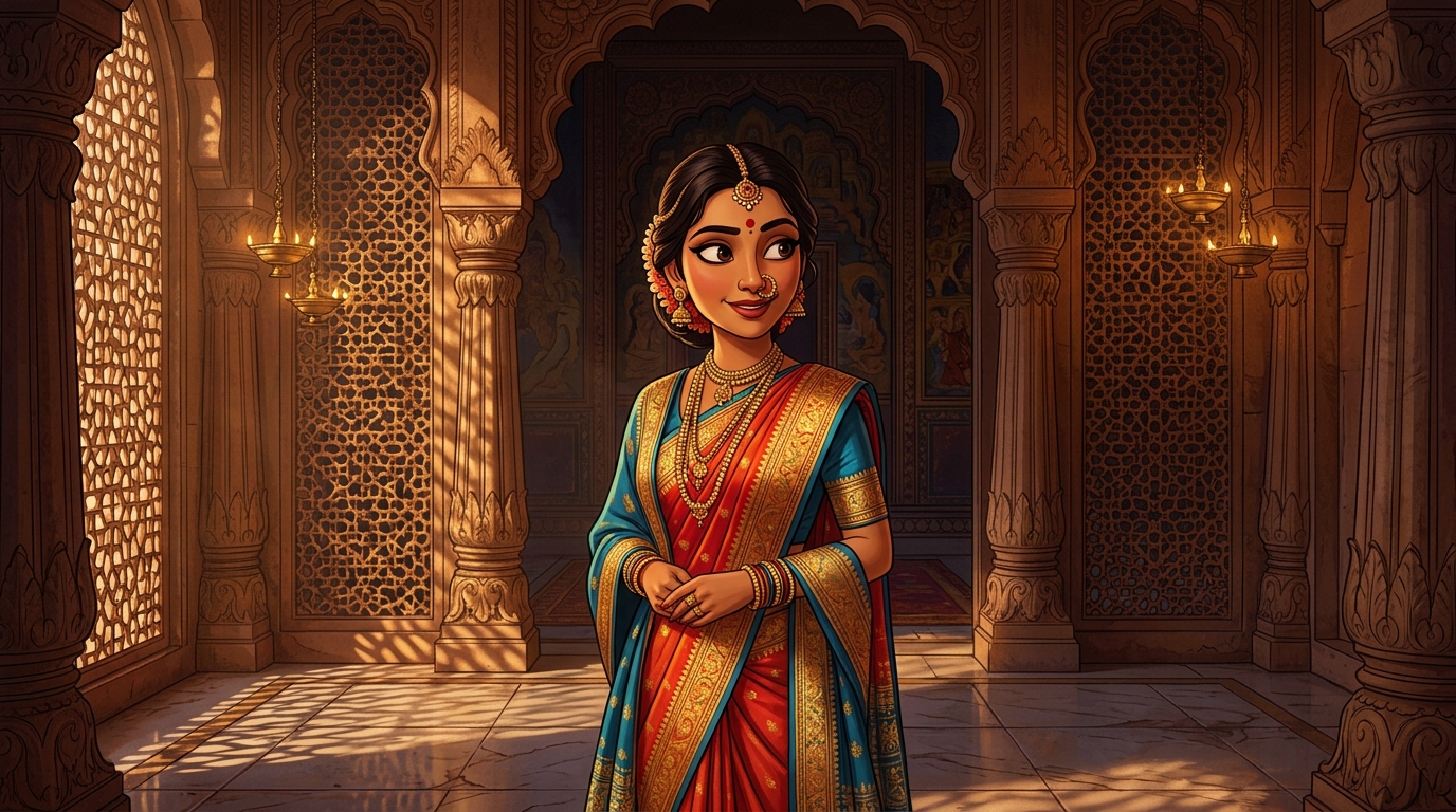Prabhavati pausing on the doorstep with an amused smile