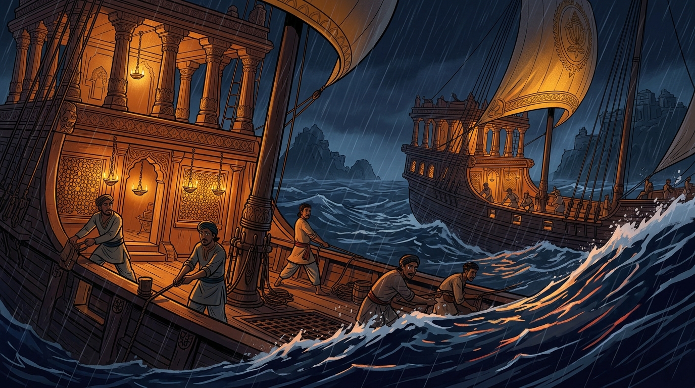 In stormy Arabian Sea off Sopara, King Samudragupta's two galleons caught in midnight cyclone