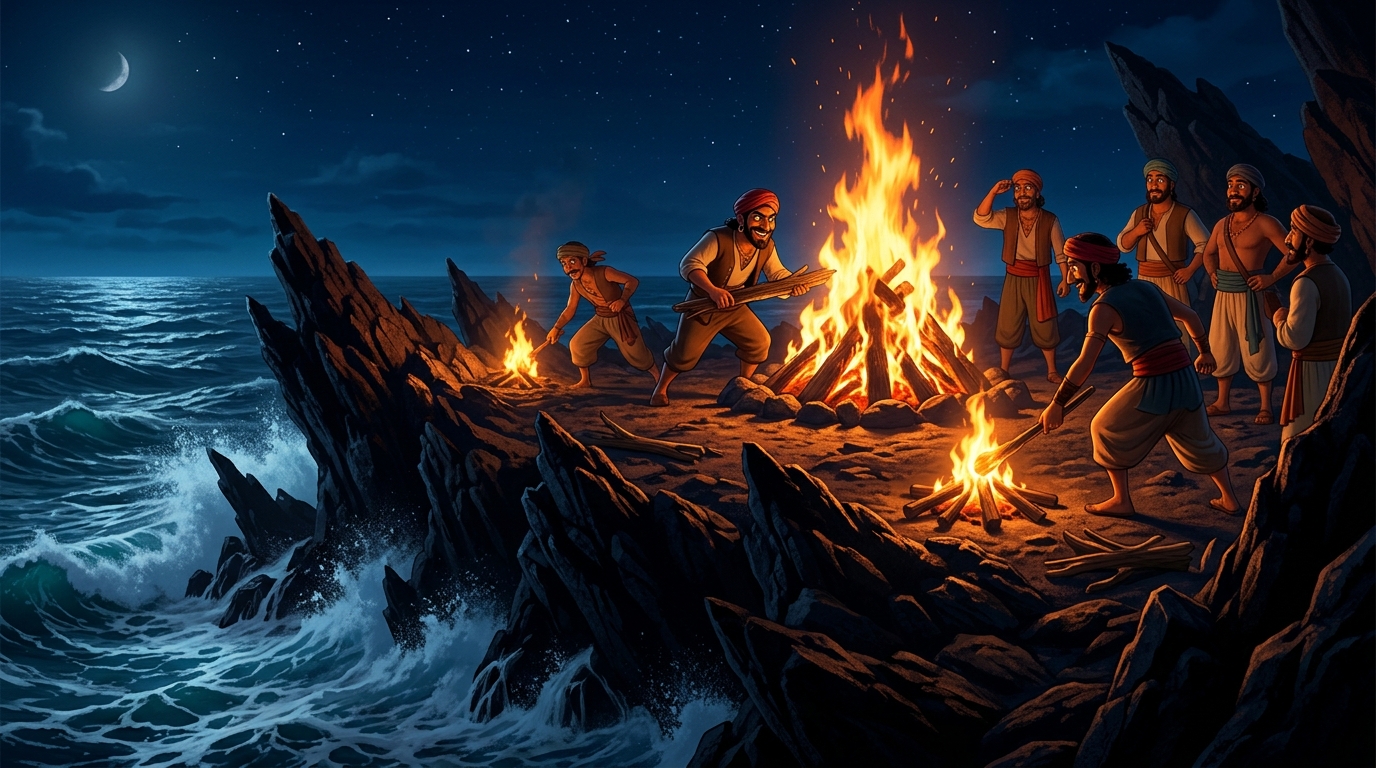 Coastal pirates lighting a treacherous blazing bonfire atop jagged black coral reefs