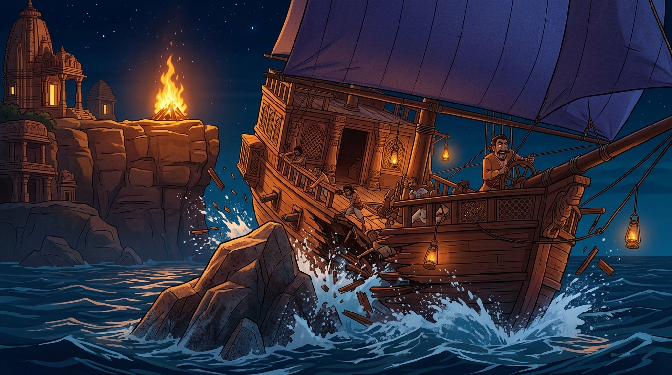 Captain Lobhadatta steers toward bonfire; the galleon smashes on rocks, splitting in half