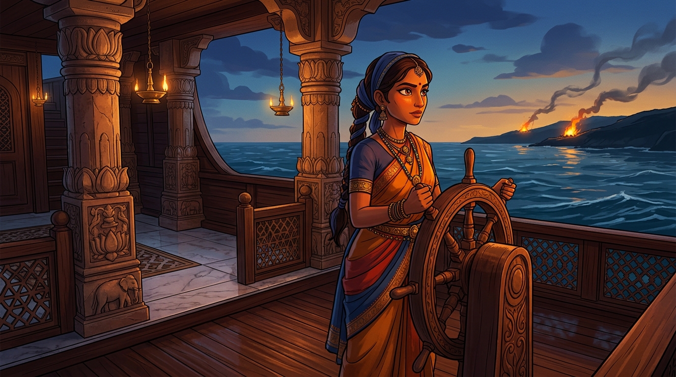 Master Navigator Sagarika at helm of second galleon, observing pirate fires flicker and smoke
