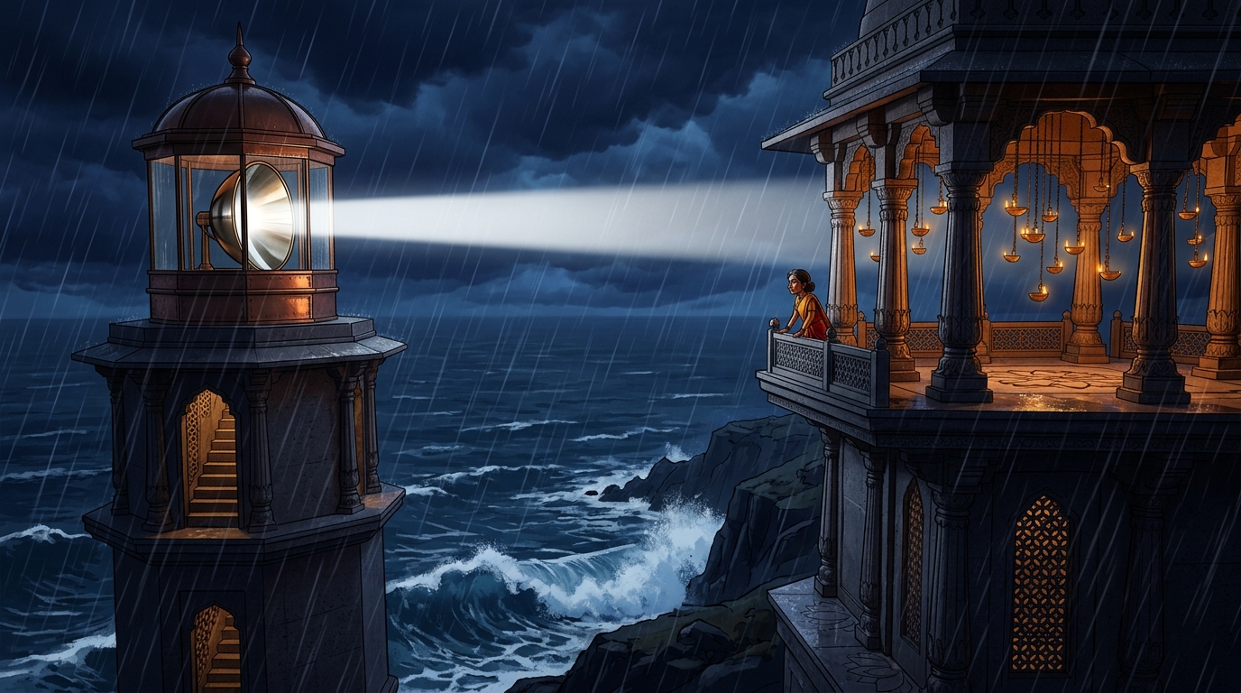 High on coastal cliffs, royal granite lighthouse with bronze mirrors projects steady white beam