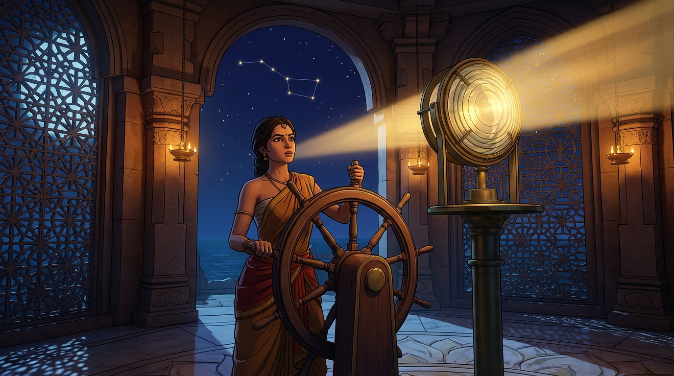 Sagarika aligns steady beam with Saptarshi constellation, holding helm steadfast