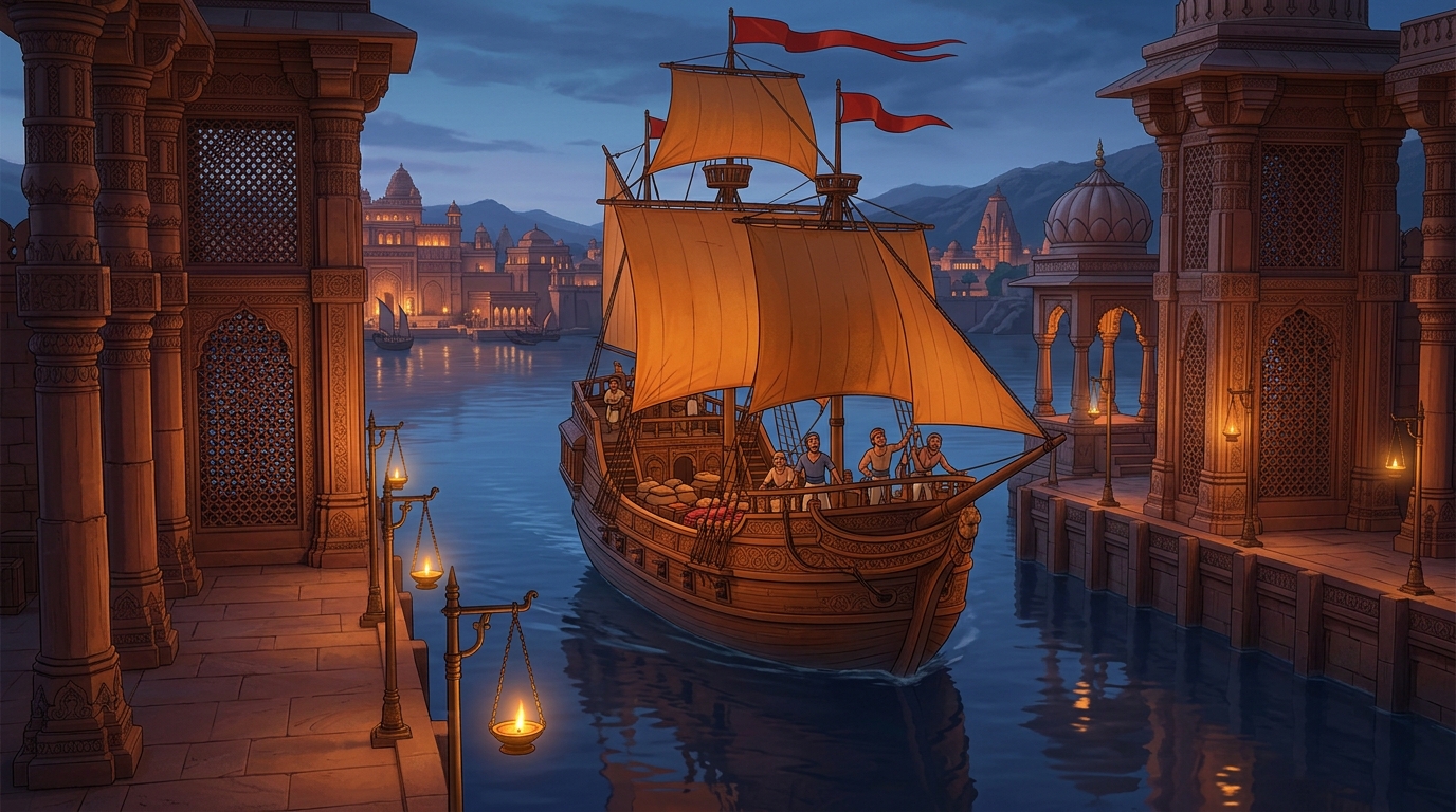 Galleon Dharmadhwaja glides safely into calm lagoon waters, arriving unscathed