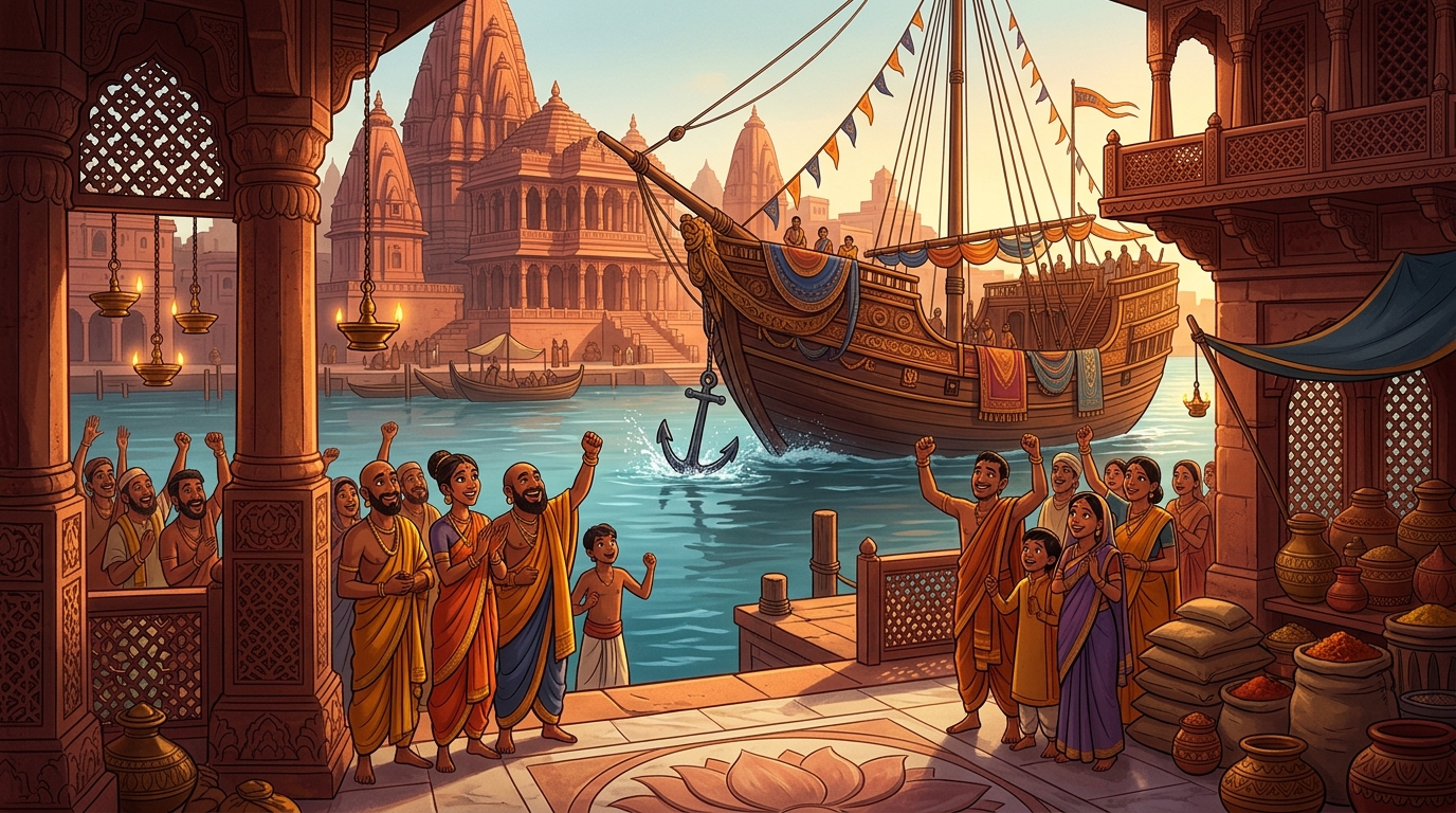 Relieved merchants and citizens cheer on the docks as Sagarika drops anchor