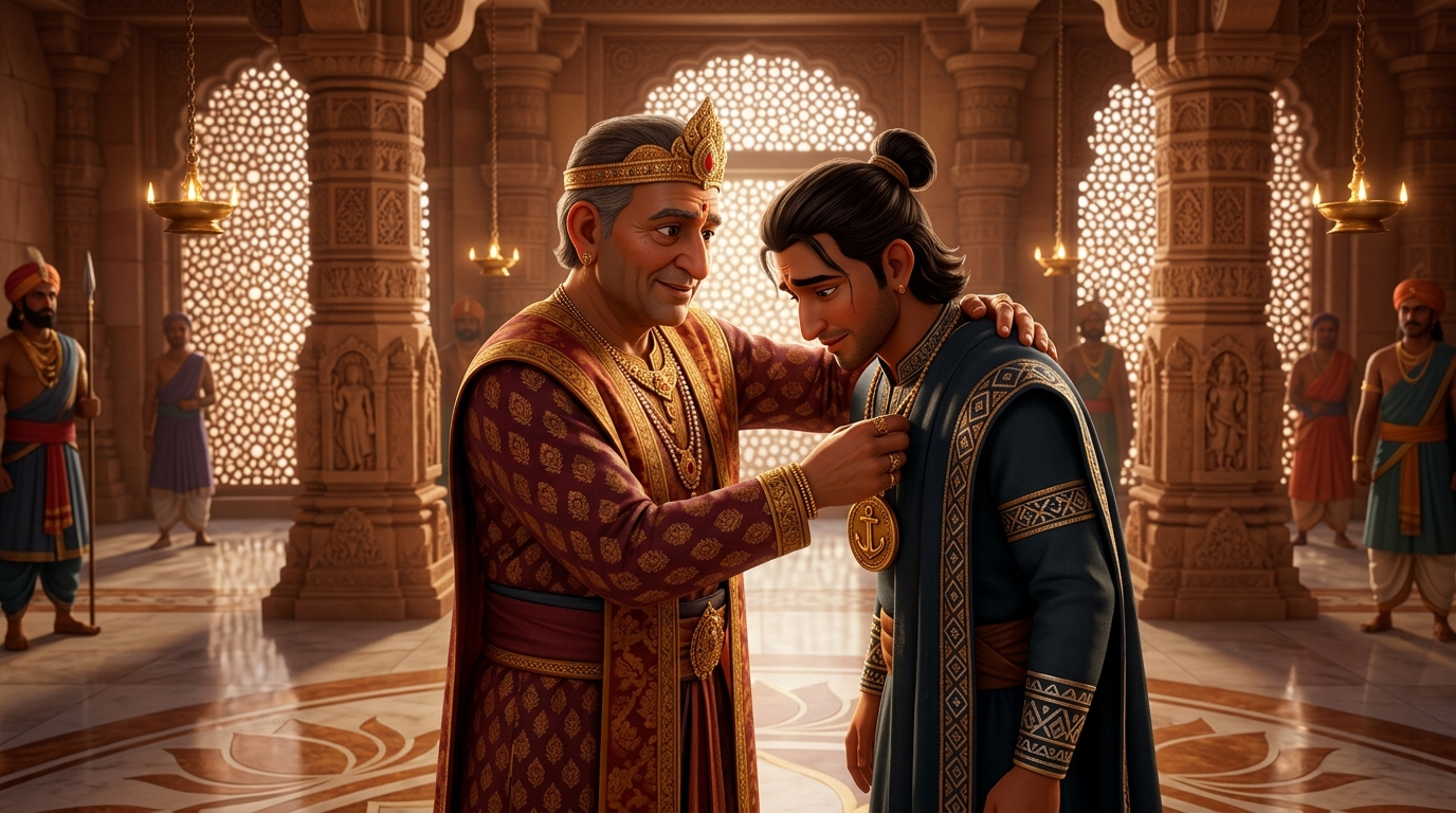 King Samudragupta embraces Sagarika, awarding Golden Anchor and naming him Grand Admiral