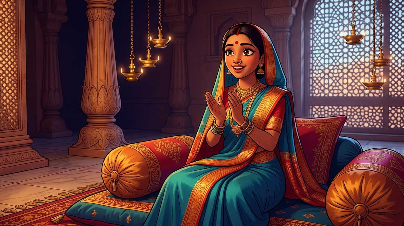 Prabhavati sitting on the bolsters, clapping in wonder at the lighthouse of fidelity