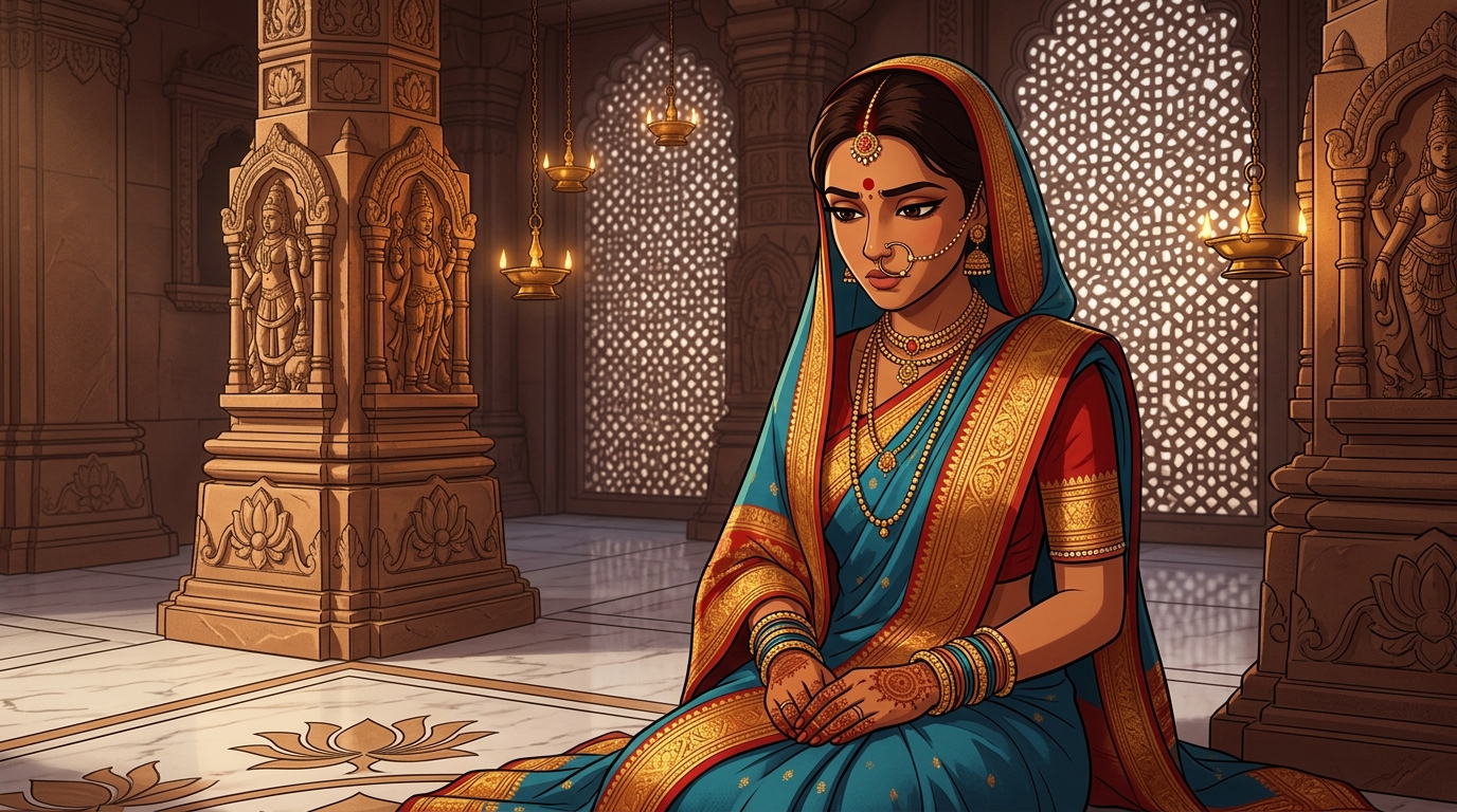 Prabhavati in deep contemplation, realizing sacred fidelity is her eternal beacon