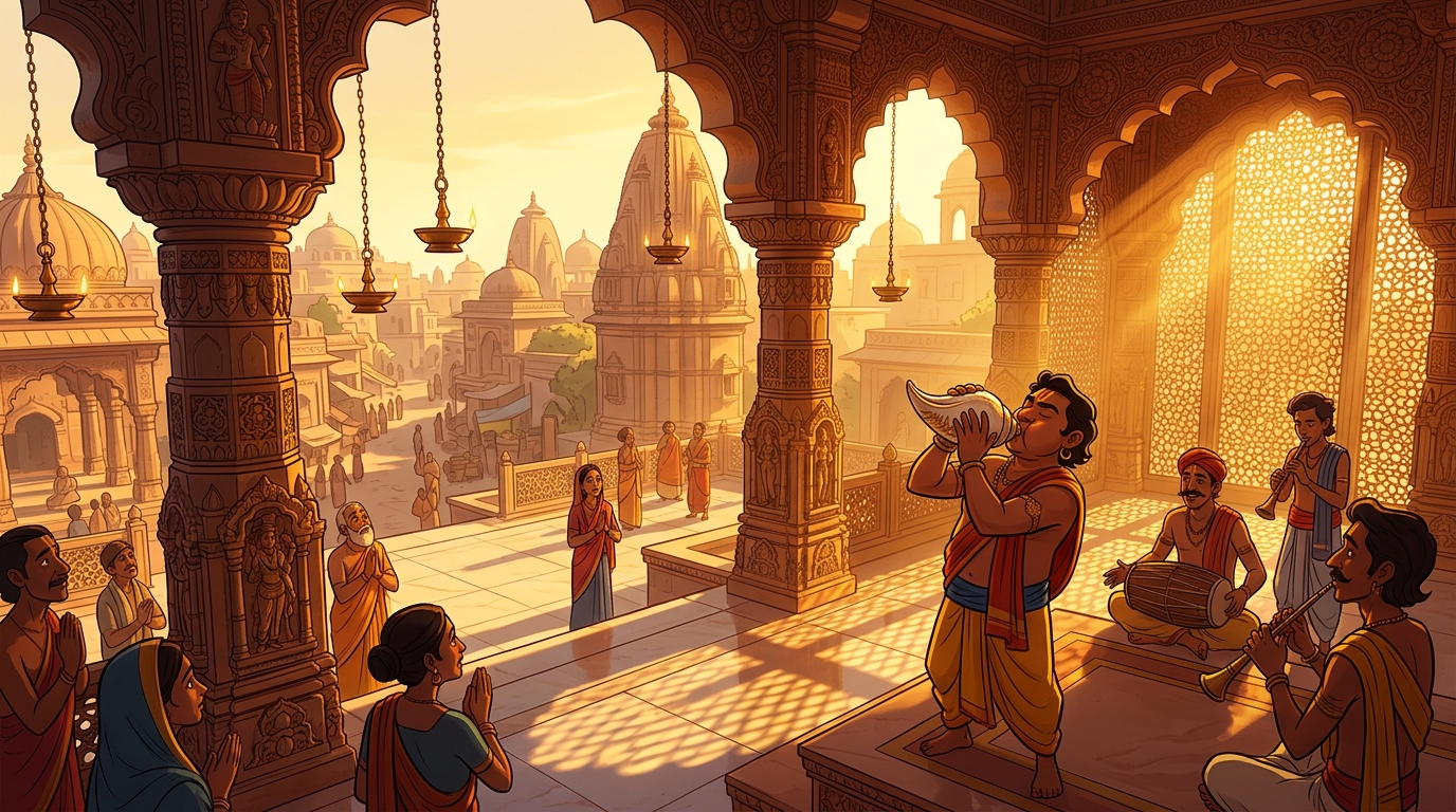 Golden dawn sunlight flooding across the sandstone arches as temple conches sound