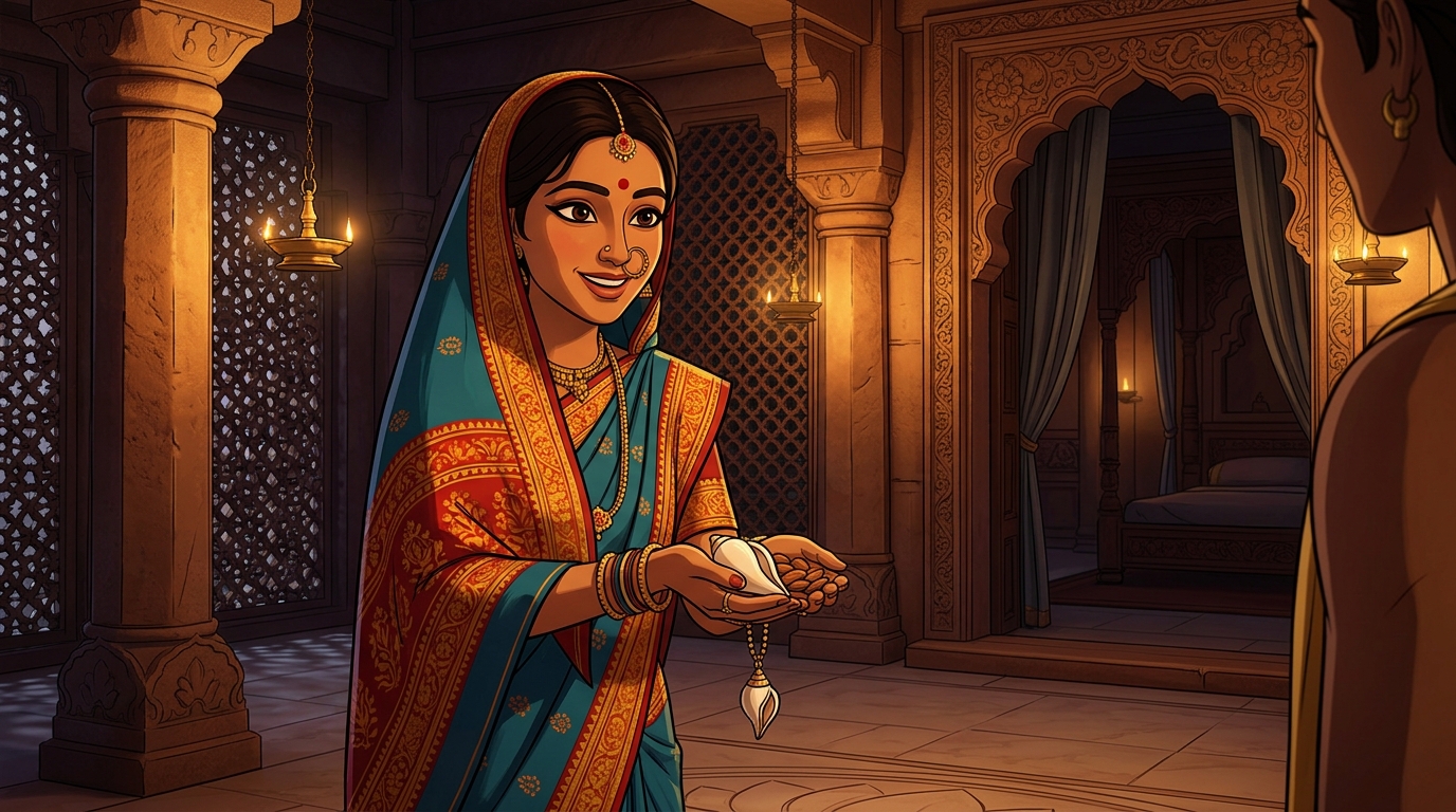 Prabhavati unclasps the conch pendant, hands Shuka sweet almonds, retreats peacefully