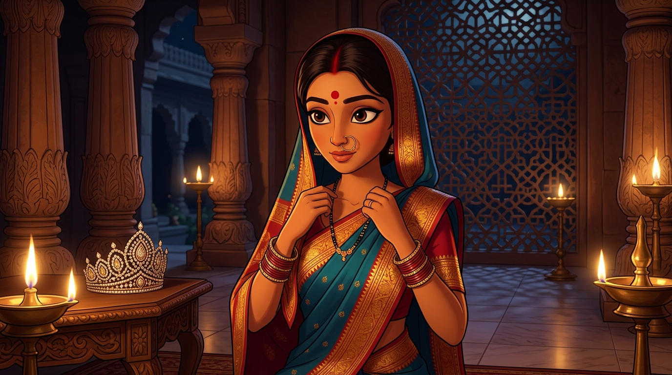 Prabhavati rejects the crown, dressing in vermilion-and-gold bridal silk and sacred mangalsutra
