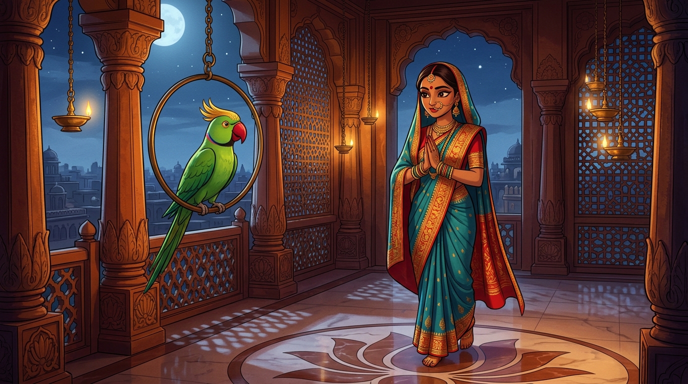 Prabhavati stepping onto the moonlit balcony with radiant serene dignity, greeting Shuka