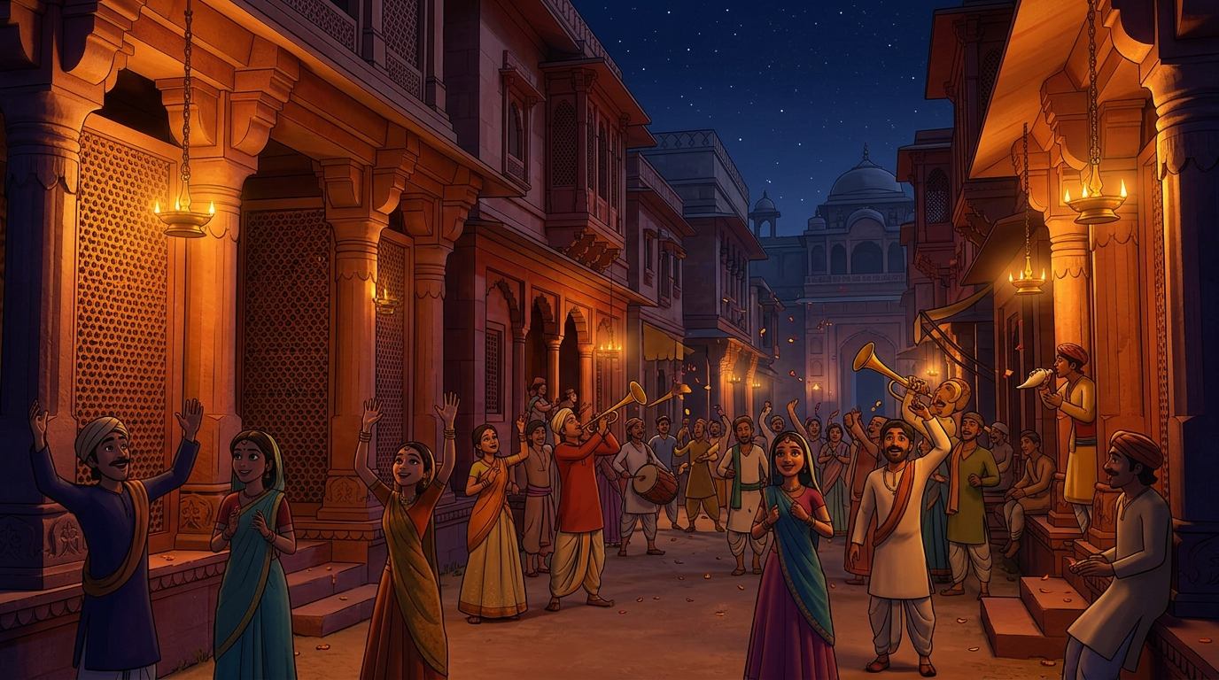 Golden trumpet fanfares, drum rolls, and victory conches echo across Chandravati streets