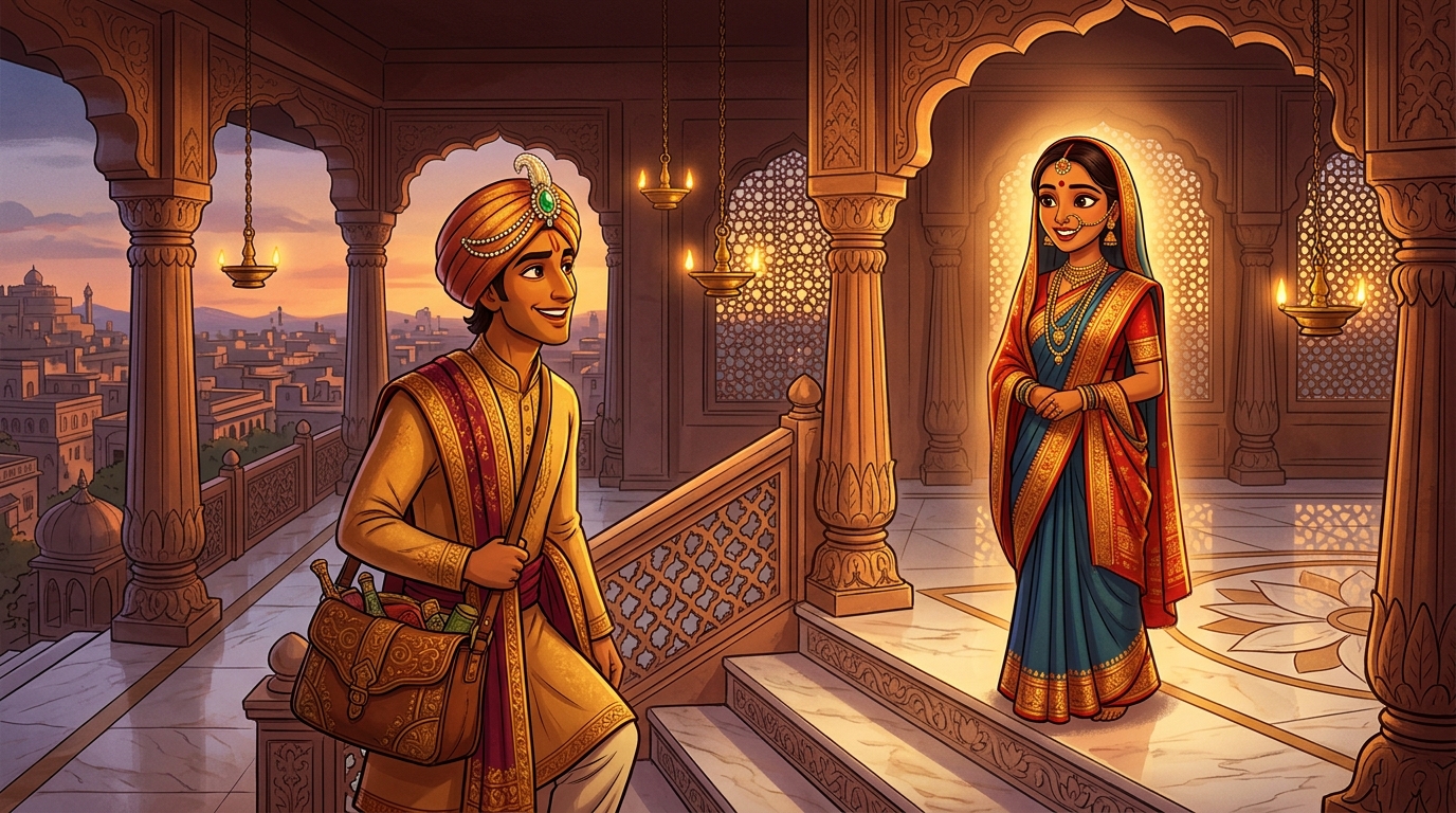 Madanavinoda climbs marble stairs, seeing Prabhavati standing in radiant bridal silks