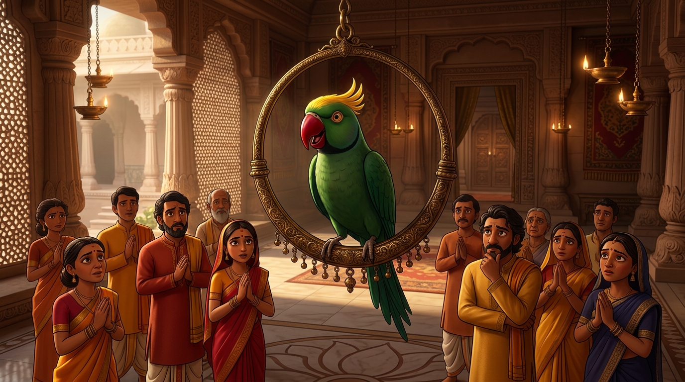 Shuka speaking in divine Sanskrit: 'For seventy nights, Prabhavati stood steadfast in wisdom!'