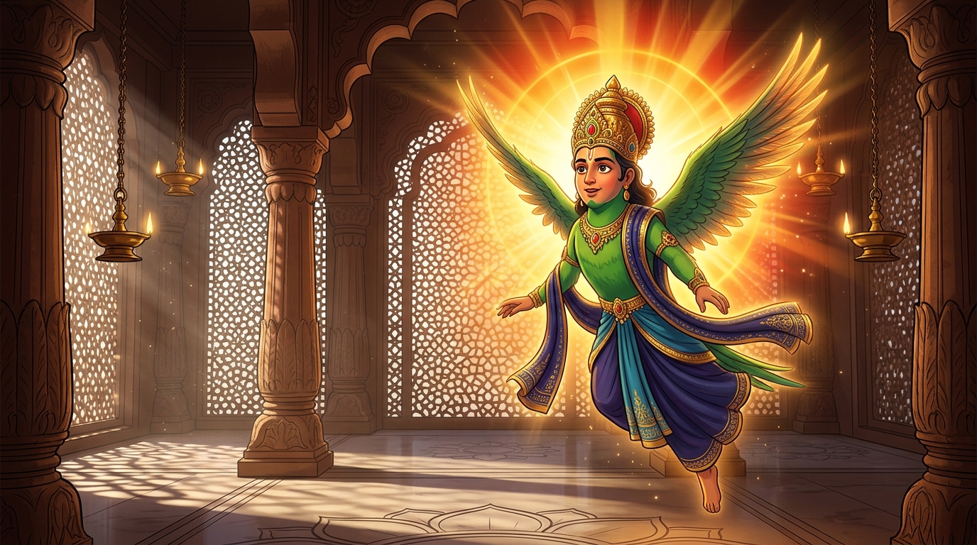 A brilliant celestial halo envelops Shuka, transfiguring him into a radiant Gandharva deity