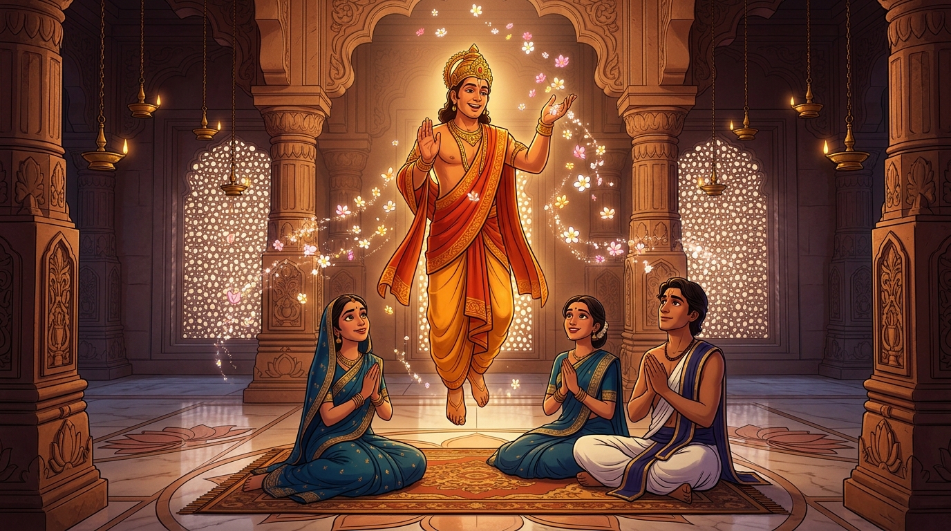 The Gandharva showers celestial mandara blossoms and blessings of prosperity upon the couple