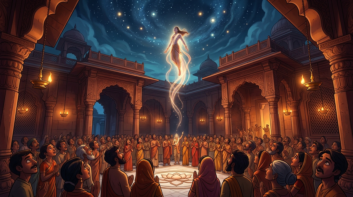 The celestial Gandharva ascends into the heavens amidst glowing starlight