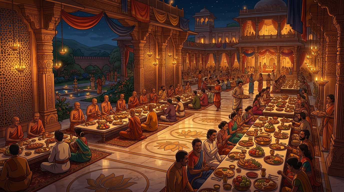 Grand celebratory banquet tables laid across gardens of Chandravati, feeding thousands