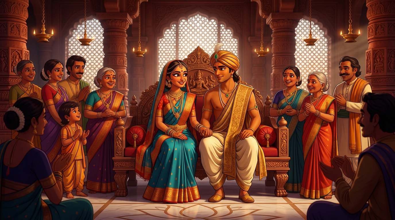Prabhavati and Madanavinoda seated side-by-side upon the royal merchant throne